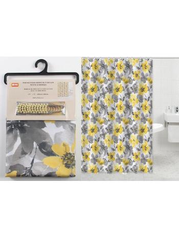 YELLOW AND GRAY FLORAL SHOWER CURTAIN SET WITH HOOKS
